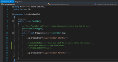 A screen shot of an adobe code editor featuring Scheduled WebJobs.