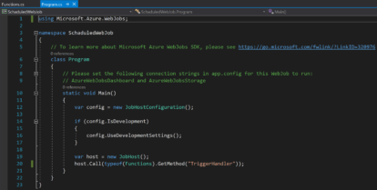A screen shot of the code editor in adobe c# with Scheduled WebJobs.