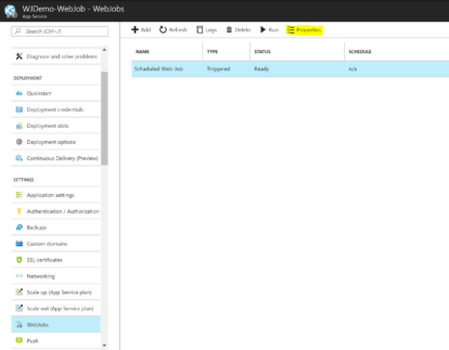 A screenshot of the azure management portal showcasing Scheduled WebJobs.