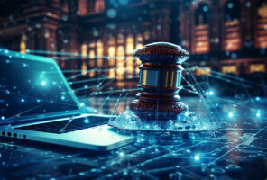 A judge gavel sits on top of a laptop computer.