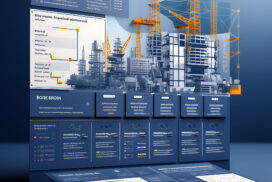 An infographic presentation board displaying construction project details with graphs, timelines, and data points.