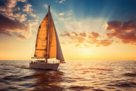 A sailboat with a large white sail against a vivid sunset over a calm sea, with rays of sunlight beaming through scattered clouds.