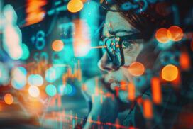 Person wearing glasses looks at digital financial data with charts and numbers overlaid, representing data analysis or stock market trends.