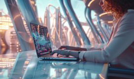 A person works on a laptop displaying colorful code for test automation, set against a futuristic cityscape visible through large windows.