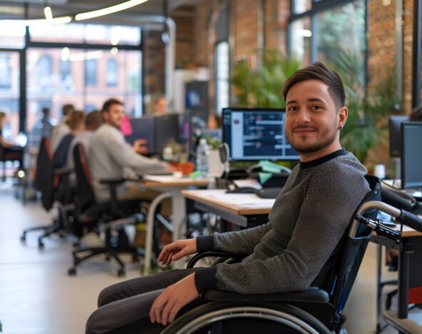 A person in a wheelchair is smiling at their desk in a bright, modern office environment with colleagues working in the background.