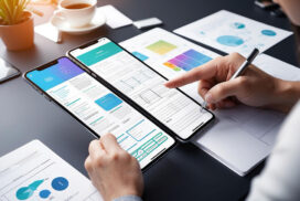 Person using a pen to interact with design prototypes on two smartphones placed side by side on a desk with documents and digital devices.