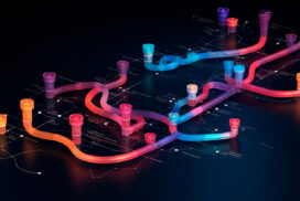 Abstract digital artwork featuring colorful, curved 3D pipes on a dark background, resembling a futuristic network map.