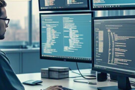 Person working at a desk with multiple monitors displaying code in an office setting.