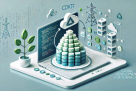 A digital illustration of a laptop displaying code with stacked disks emerging from the screen, surrounded by cloud and infrastructure icons. Text reads "Cloud Development Kit for Terraform.