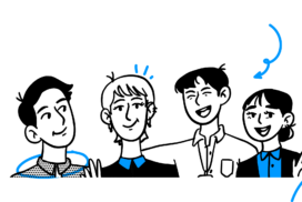 Illustration of four people standing in a row, smiling and waving, perhaps representing diverse team members. Blue lines and shapes enhance the background's vibrancy, complementing the text "spr" on the left side—a nod to insights on how to hire a software development company.