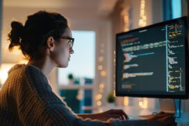 A person wearing glasses is focused on coding on a computer screen in a dimly lit room with blurred decorative lights.