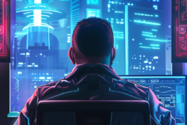 Person sitting at a desk in front of multiple computer screens displaying data, overlooking a futuristic, neon-lit cityscape through a window.