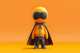 A stylized cartoon character in an orange hooded jacket, black cape, pants, and large black visor stands against a solid orange background, embodying the dynamic energy of an AI coding assistant.