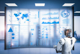 A humanoid robot stands in front of a large curved digital screen displaying global maps, charts, and data visualizations for enterprise AI success measurement.