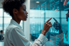 A person in business attire interacts with data visualizations on a large transparent touchscreen in a modern office setting.