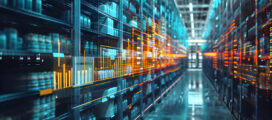 A brightly lit data center aisle with rows of server racks, digital data graphs and charts overlaid, illustrating how AI improves customer experience through advanced information storage and analysis.
