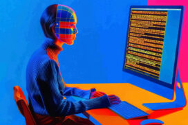 A person with a digitized, grid-patterned face works at a computer displaying colorful lines of code, against a vibrant multicolored background.