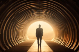 A person in a suit walks through a tunnel with sunlight shining brightly at the exit, casting a strong, AI-ready silhouette.