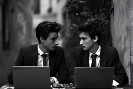 Two men in suits sit at a small outdoor table with laptops, engaged in a serious conversation about AI in enterprise in a narrow alleyway.