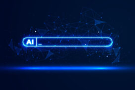 A glowing blue search bar with the text "AI" on a dark background, surrounded by digital network lines and nodes, hints at concerns like prompt injection in artificial intelligence systems.
