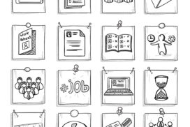 A grid of hand-drawn icons related to job applications, including tests, forms, job offers, worksheets, documents, job search, laptops, hourglasses, and acceptance.