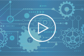 Video blog with play icon over futuristic abstract blue gears