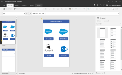A screen shot of the Microsoft PowerApps app builder.