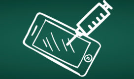 White vector drawing on a green chalkboard of a smart phone being injected with a syringe