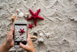 A person takes a photo with a smart phone of two red sea stars on a beach