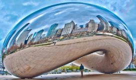 Painting of the Chicago Skyline reflected in Cloud Gate and Millennium Park