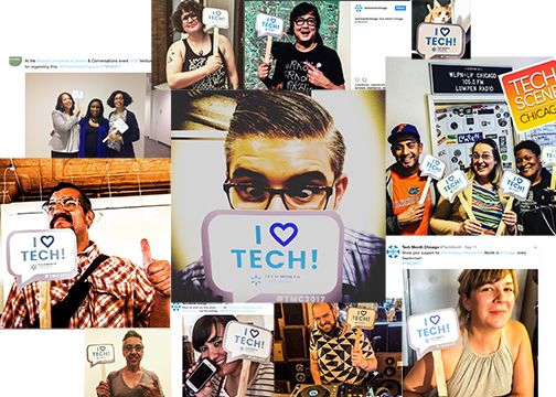 A captivating collage of individuals proudly displaying signs expressing their love for tech, forming an engaging looped visual perfect for a dynamic newsletter.