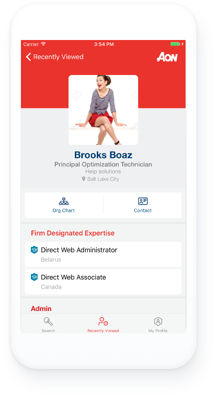 screenshot from an app showing a woman and her contact information