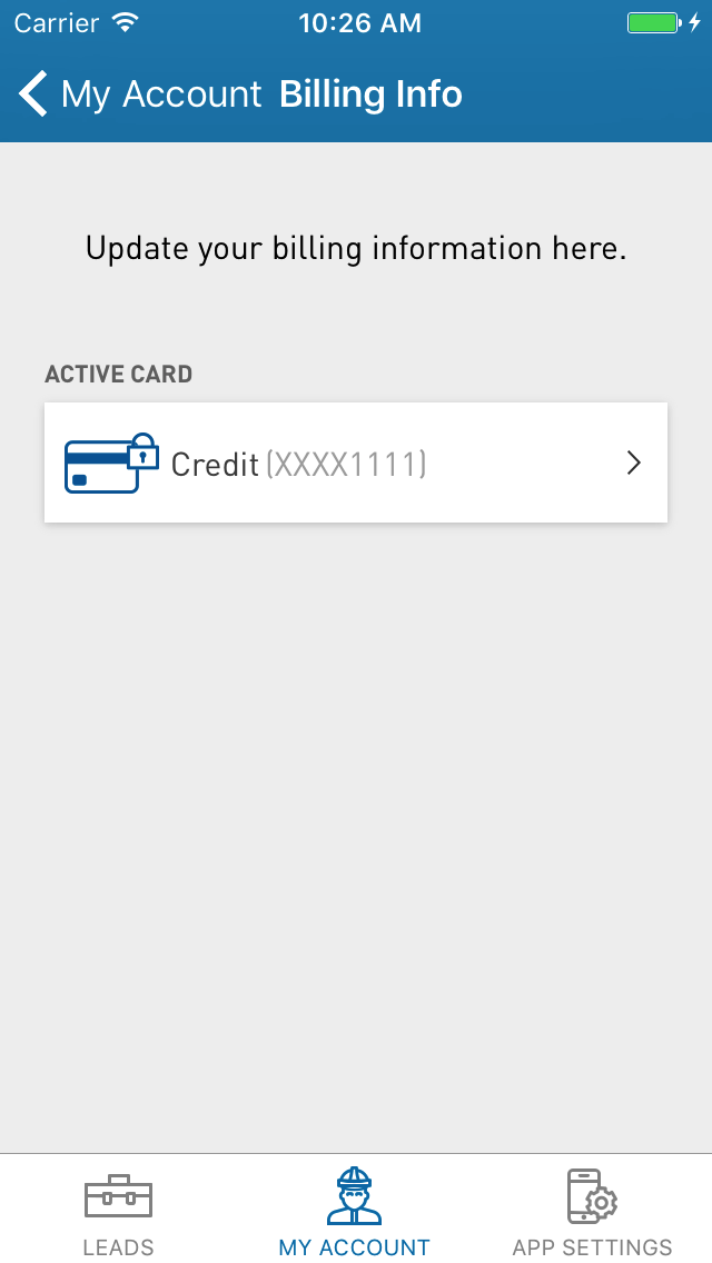 A screenshot of the credit card payment app on an iphone.