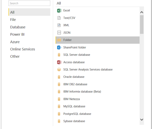 A screenshot of the Power BI get data screen in azure.