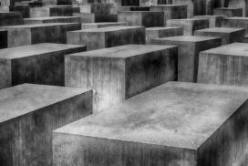 A black and white photo of a group of concrete blocks.