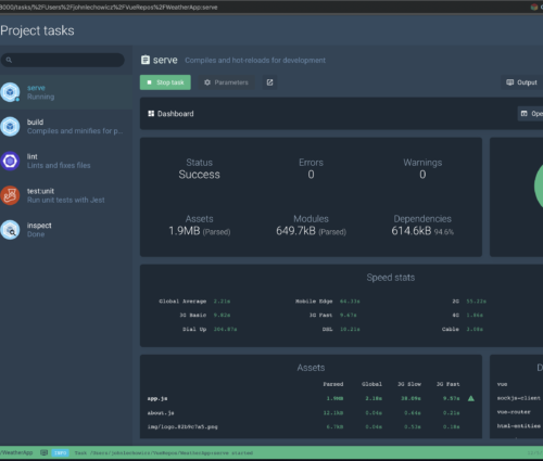 A screen shot of a computer dashboard showcasing rapid prototyping with Vue.