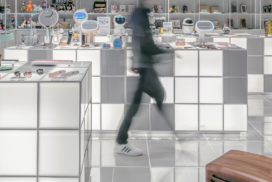 A person walking through a store with shelves full of cosmetics.