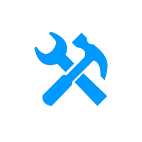 A blue hammer and wrench icon on a white background.