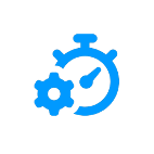 A blue timer icon with gears and gears.