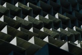 A close up of a building with a lot of cubes.