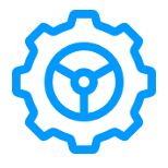 A blue gear icon on a white background.