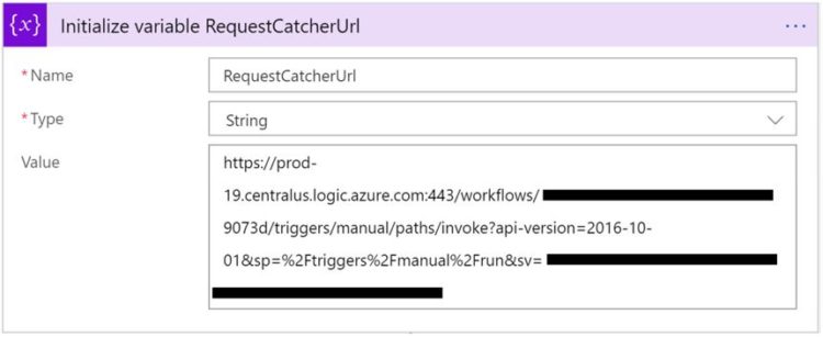 Pic of initialize variable action for RequestCatcherUrl