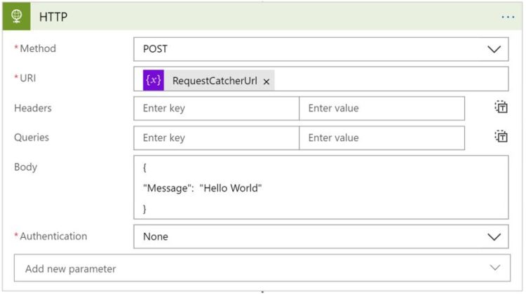 Pic of HTTP connector with POST method and RequestCatcherUrl variable