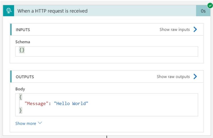 Pic of When a HTTP request is received input and output