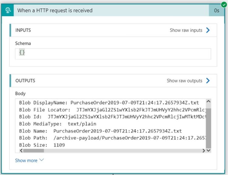 Pic of When a HTTP request is received connector displaying blob output