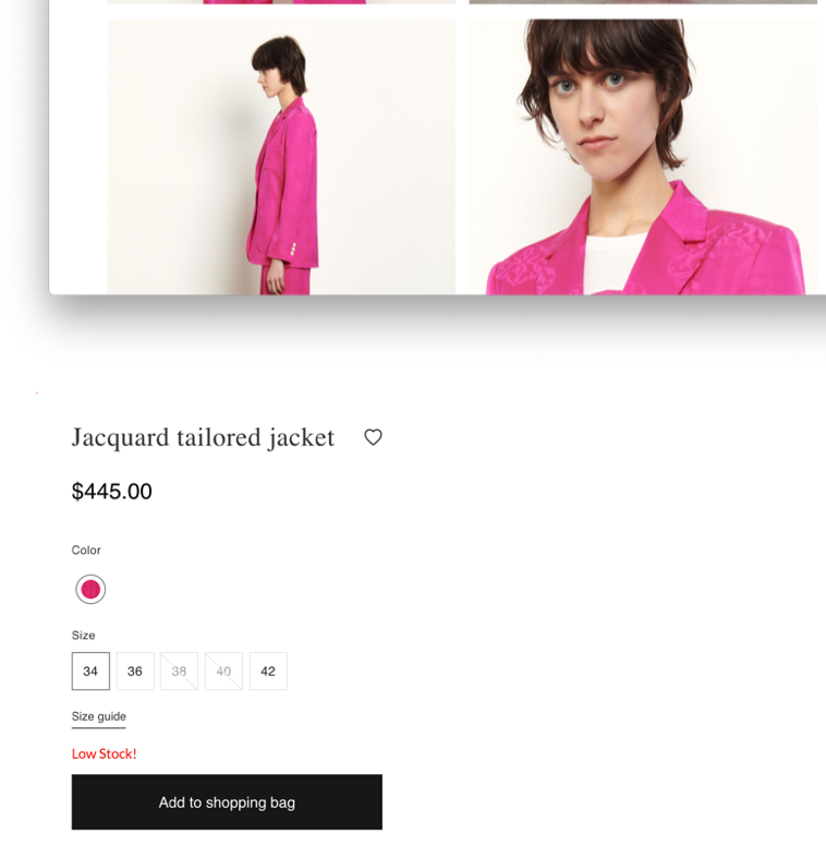 Screenshot of an ecommerce platform showing that a Jacquard tailored jacket is low in stock.