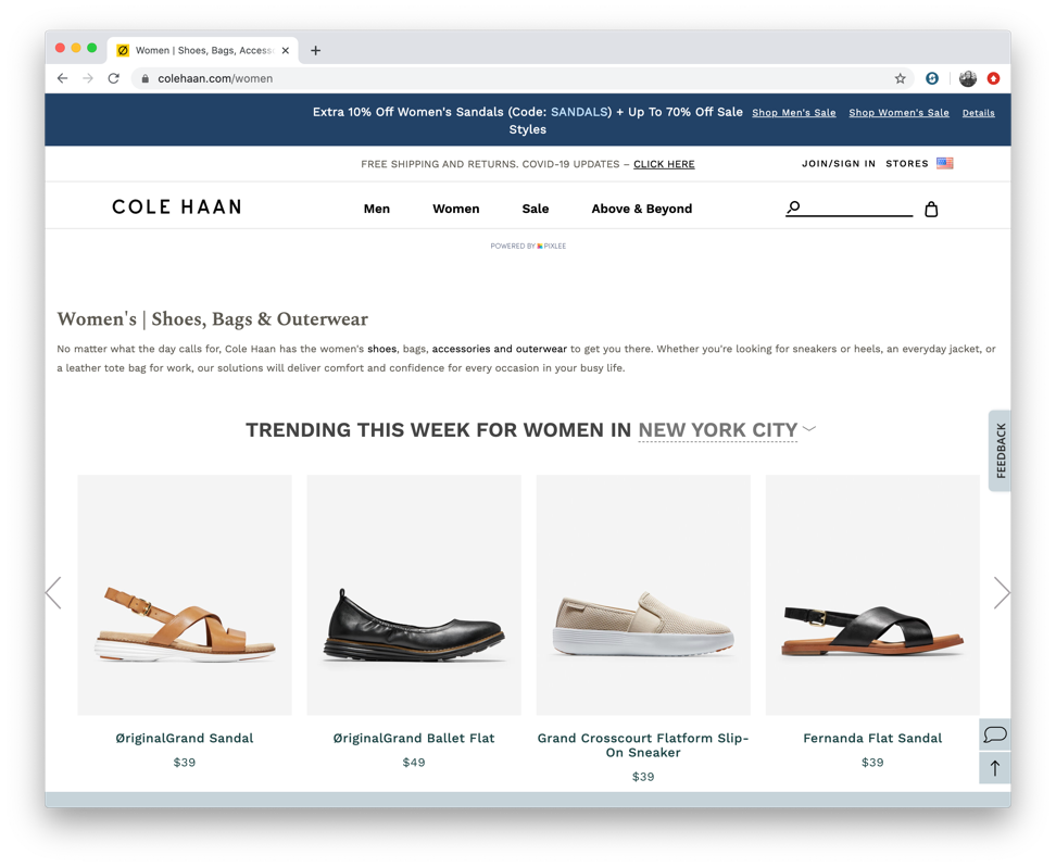 A screen shot of a women's shoes website showcasing applied data science.