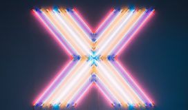 The letter X is made of colored light tubes on a dark background.