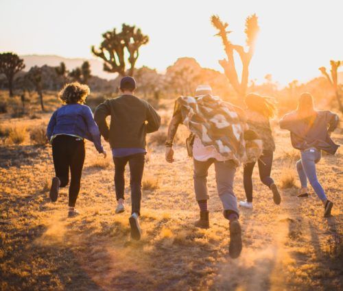 A group of people running through the desert at sunset, collecting data for engineering purposes.