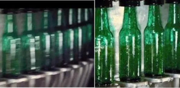 Two pictures of green bottles on a conveyor belt featuring computer vision capabilities.